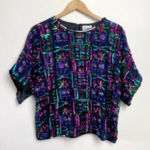 Vintage 80s Silk Sequin Blouse Sz M Statement Going Out Top Maximalist Festival
